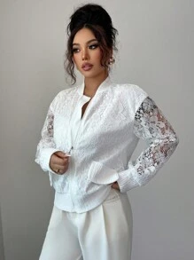 Elenzga Women's Elegant Versatile Loose Stand Collar Patchwork Thick Lace Jacket, Autumn/Winter - White - View 5