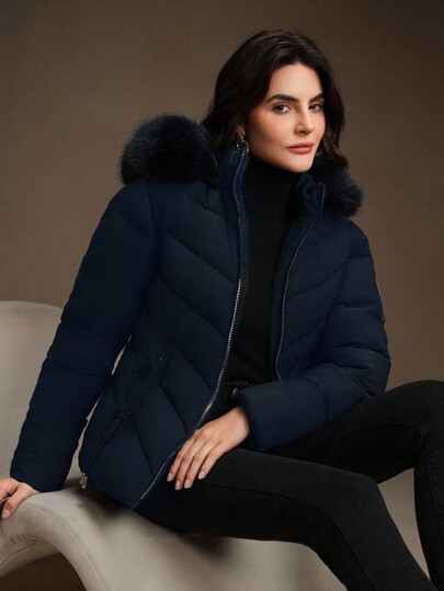 Anewsta Women's Mid-Length Cinched Waist Hooded Jacket With Removable Fur Collar, Zip-Up Padded Coat