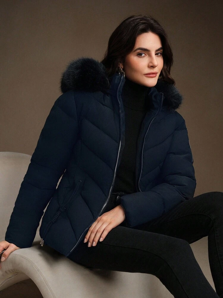 Jaqueta com Capuz e Cintura Marcada de Comprimento Médio para Mulheres, com Gola de Pele Removível, Casaco Acolchoado com Zíper