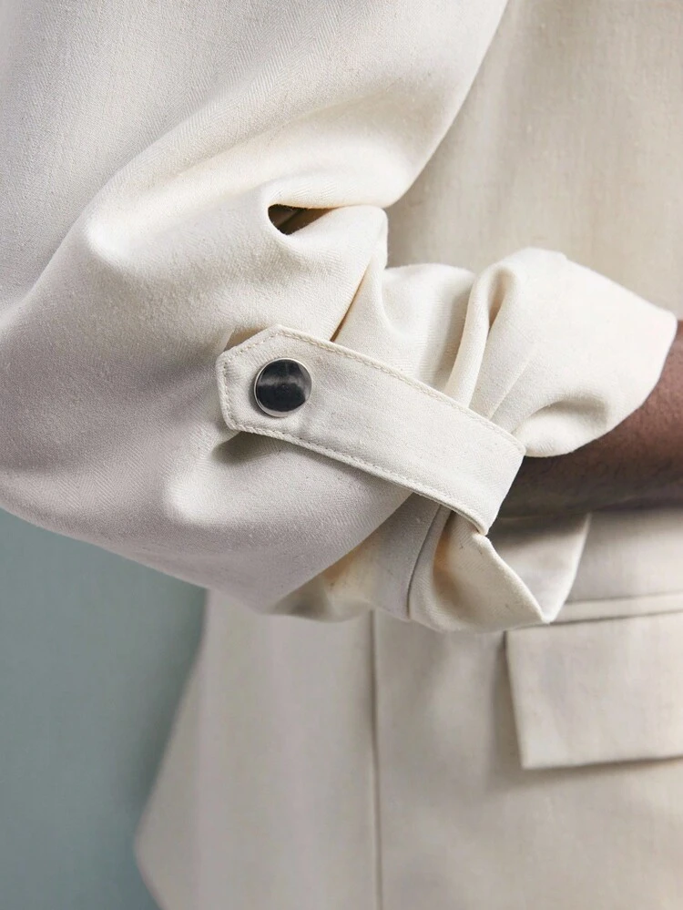 SHEIN Maija Women's Solid Color Shawl Collar Long Sleeve Single Button Casual Blazer Business Casual Women's Wear, Office Wear, Low-Key Old Money Style, Effortless Temperament, High-End Urban Commuting, The Same Style As The Editor-In-Chief Of The Magazine, Urban Social Vacation Party Wear, Charming, Low-Key And Durable Basic Style, Versatile And Not Picky Clothing, Street Fashion Wear, Clothing, Coffee Shop, Relaxed Wear All-Season Metal Decoration Fall Clothes