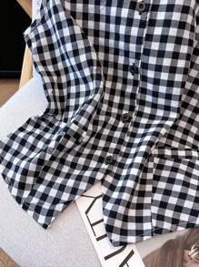 Franclia Chemise décontractée à col rond sans manches à carreaux et à simple boutonnage pour femmes, printemps/été - Noir et Blanc - Voir 7