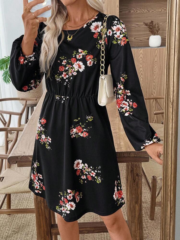 Women's Fashionable French Romantic Print Long Sleeve Mini Dress Black Floral Dress Long Sleeve Floral Dress Lantern Sleeve Dress Black Floral Mini Dress Long Sleeve Summer Dress