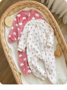 Babygirl Cute Fluffy Polka Dot, Heart & Star Pattern Jumpsuit Loungewear, Autumn/Winter - Multicolor - View 1