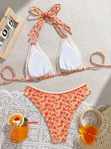 Swim Mod Women's Summer Beach New Random Print Straps Backless Two Pieces Bikini Swimsuit With Floral Edge - Multicolor - View 2