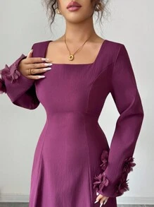 Elenzga Women's Dark Purple Elegant Long Sleeve Maxi Dress,Autumn Vintage Square Neck A-Line Formal Gown With Floral Decor For Wedding,Dining&New Year Party - Red Violet - View 3