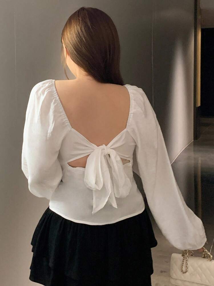 Dazy Plus Plus Size Women's Solid Color Transformable Collar Lantern Sleeve Backless Bowknot Long Sleeve White Blouse Vacation