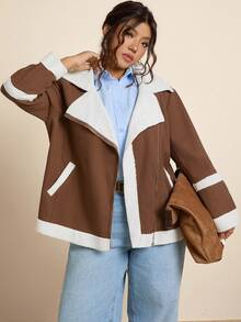 SHEIN LUNE Chaqueta de moto casual de talla grande con forro de piel sintética, para otoño/invierno - Caqui - Ver 2