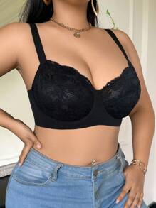 SHEIN Áo ngực có gọng ren chắp vá cỡ lớn cho nữ - màu đen - Xem 4