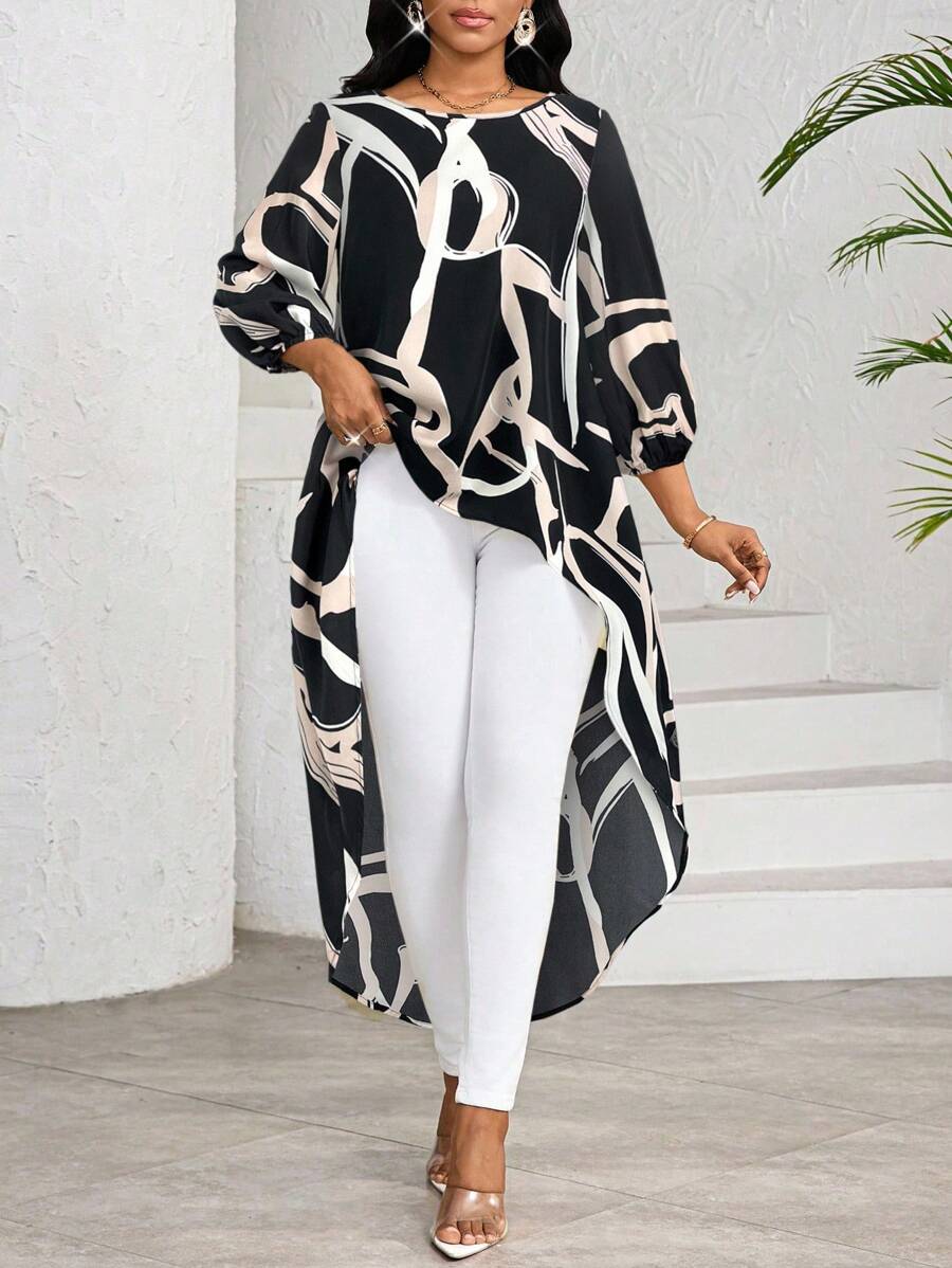 SHEIN Lady 春夏优雅通勤办公室休闲波西米亚风彩色编织圆领高低袖 T 恤衬衫