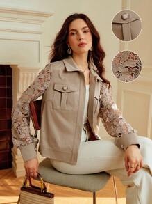 Omancia Women's Lace Patchwork Short Jacket, Elegant & Sophisticated, Suitable For Spring/Autumn, Back To School, Thanksgiving, Halloween, Long Sleeve Top, Y2K , Basic Australian Style Fall Winter Cloth For Women