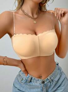 SHEIN Casual Comfy Simple Style Seamless Soft Wireless No Rims Thin Pad Wavy Edge Front Buttoning Jelly Strapless Bra - Apricot - View 5