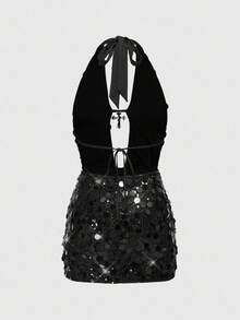 ROMWE Grunge Punk Sexy Millennium Leopard Print Pendant Cross Halter Tie Strap Women's Mini Dress - Black - View 2