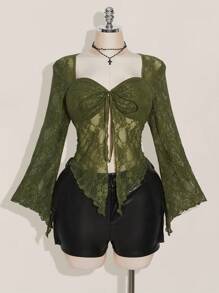 SHEIN ICON 加大码蕾丝喇叭袖前系带性感方领衬衫 - 軍綠色 - 查看 3