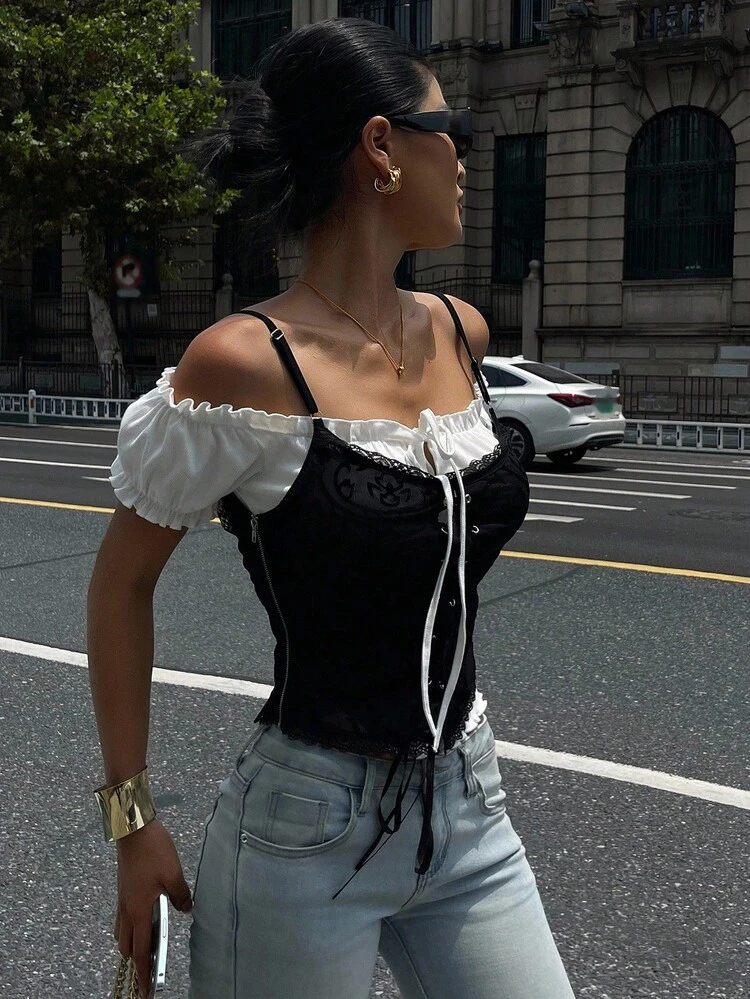 2pcs Women Leopard Print Camisole And Frill Off Shoulder Top Set