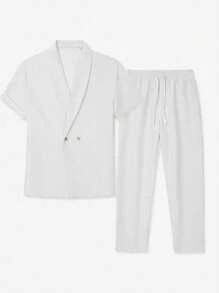 Manfinity Homme Completo casual da uomo con camicia a maniche corte a doppio petto con collo a scialle e pantaloni, di colore unito