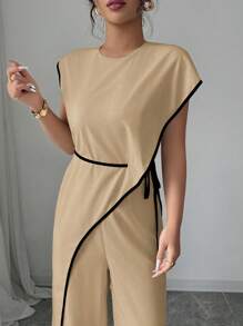 Elenzga 女士优雅通勤撞色修身连体裤 - 卡其色 - 查看 6