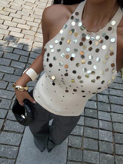 Siren Gaze Top senza schienale con lacci, top a canotta con ricamo di paillettes, adatto per tutte le stagioni, stile Y2K, abbigliamento autunnale da donna