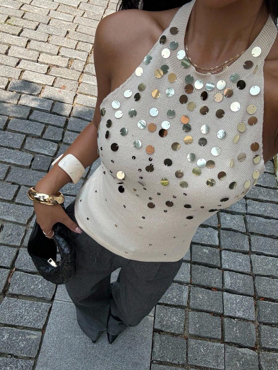 Siren Gaze 系带露背亮片针织上衣，亮片刺绣露背上衣，四季皆宜，Y2K 上衣，秋季女装 - 杏色 - 查看 1