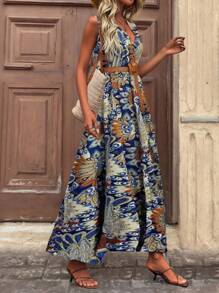 EMERY ROSE V 领裹身式全印花背心裙长款女装