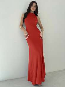 Firerie 女士优雅不对称肩部收腰A字型无袖针织连衣裙，紫红色，适合度假、海滩、派对 - 紅色 - 查看 5