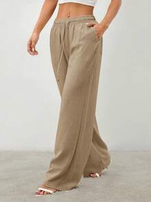 SHEIN PETITE 女士纯色抽绳腰口袋阔腿宽松休闲裤 - 卡其色 - 查看 5