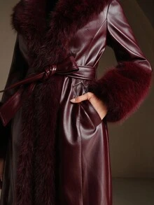 Anewsta Burgundy Shiny Leather Fitted Long Coat With Detachable Fur Collar, Fashion New Style For Autumn/Winter - Burgundy - View 6