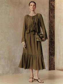 Revavyn Bộ đồ hai mảnh Cardigan và váy Maxi thanh lịch mùa hè dành cho nữ, phong cách thường ngày và đi làm - xanh quân đội - Xem 5