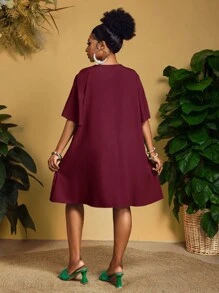Slaydiva 2025 New Arrival/Easter/Western Style/Elegant Casual Commute/Business Casual Women's Short Sleeve Shirt Dress, Elegant Personalized Design V-Neck Chiffon Blouse Loose Short Sleeve Ruffle Sleeve Dress Plus Size Casual Dress Plus Size Burgundy Dress Plus Size Vacation Dress Plus Size Dress Burgundy Dress - Burgundy - View 2
