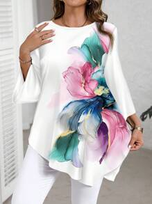 EMERY ROSE 水彩花卉印花休闲宽松大码衬衫，春秋季 - 彩色 - 查看 1