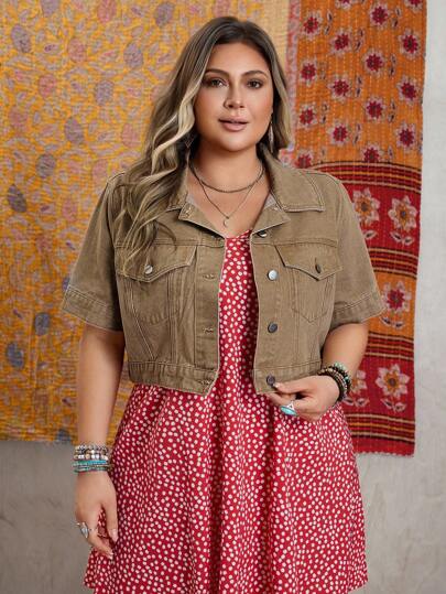 EMERY ROSE Plus Size Casual Denim Short Sleeve Jacket