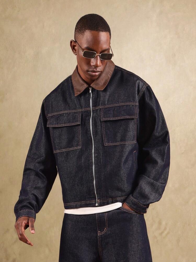Veste camionneur en denim brut avec col en cuir et poches utilitaires