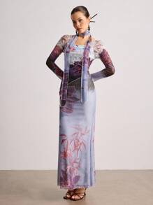 ROMWE Avant New Chinese Style Printed Mesh Fitted Dress With Scarf - Multicolor - View 5