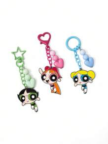 THE POWERPUFF GIRLS X SHEIN 3件时尚可爱锌合金钥匙扣包包吊坠，花朵、泡泡和毛茛 - 彩色 - 查看 6