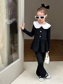 Young Girls T-Shirt Co-Ords Girls Black Two-Piece Set With White Ruffle Collar And Pearl Buttons, Elegant Preppy Long Sleeve Top And Pants Outfit - Pink - View 1