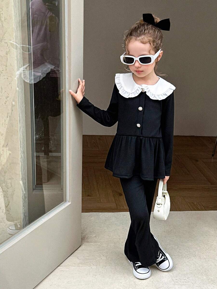 Young Girls T-Shirt Co-Ords Girls Black Two-Piece Set With White Ruffle Collar And Pearl Buttons, Elegant Preppy Long Sleeve Top And Pants Outfit - Pink - View 1