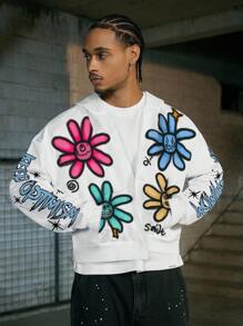 PAVTROS Manfinity Streetrush Men's Casual Street Cartoon Letter Print Drop Shoulder Loose Zip-Up Hoodie, Spring/Autumn, Flower Hoodie, Men S Clothing Streetwear, Flower Hoodie Men - Multicolor - View 1