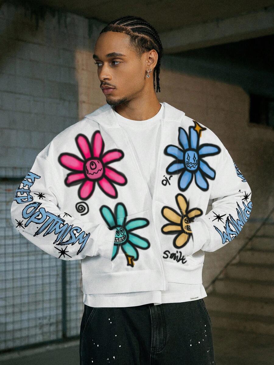 PAVTROS Manfinity Streetrush Men's Casual Street Cartoon Letter Print Drop Shoulder Loose Zip-Up Hoodie, Spring/Autumn, Flower Hoodie, Men S Clothing Streetwear, Flower Hoodie Men - Multicolor - View 1