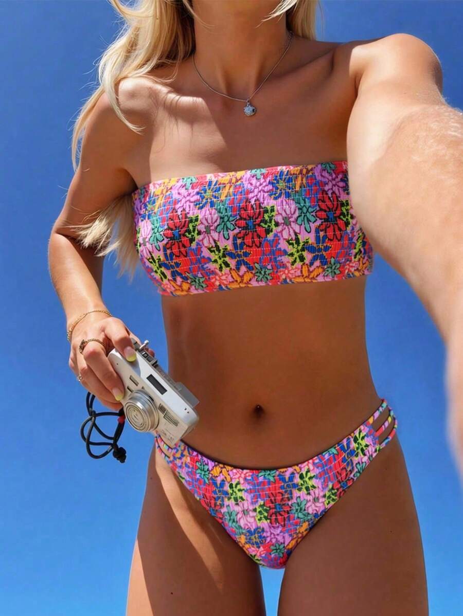 Swim Mod 2026 春夏女士吊带碎花露背性感度假侧高开叉比基尼泳装两件套