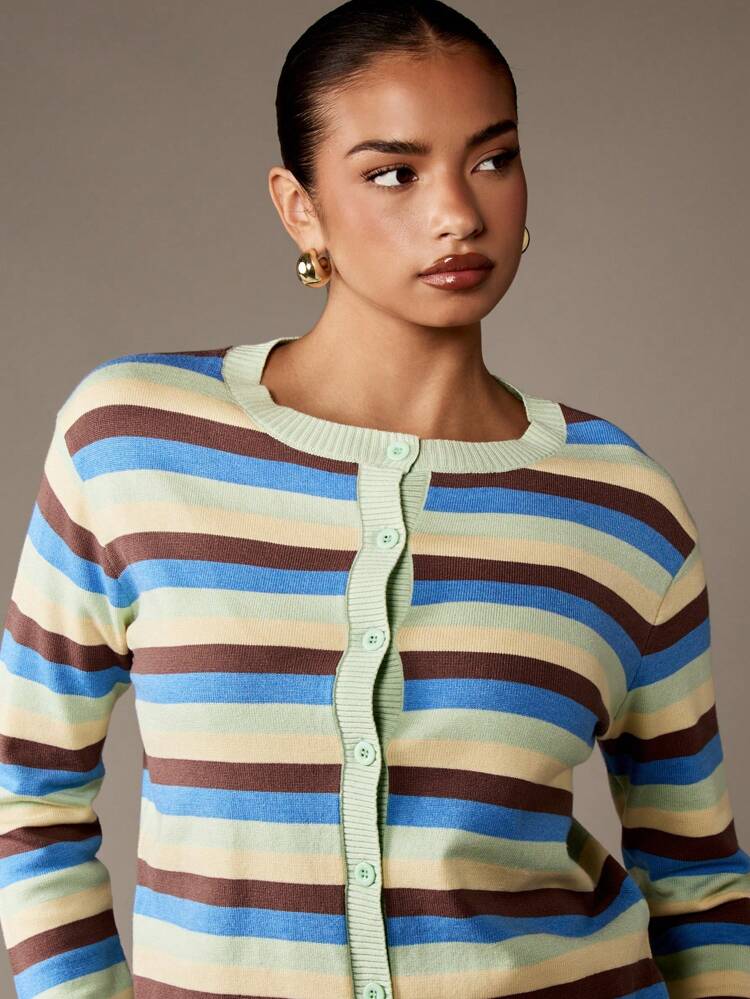 MISSGUIDED Striped Button Front Cardigan With Ribbed Trim