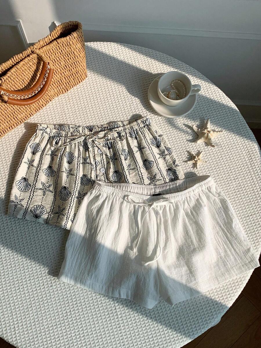 SHEIN 2件套少女常规休闲短裤套装 - 黑與白 - 查看 1