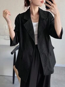 FRIFUL 女士宽松纯色牛仔效果翻领休闲西装外套，秋季商务着装