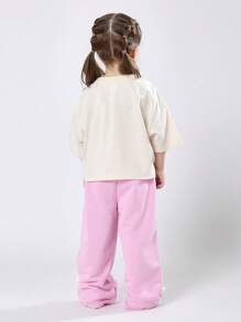 SUMWON Girls Atlanta Two Piece Outfit Boxy Fit T Shirt Wide Leg Pants Co Ord Set Heart Print Casual Spring Summer Wear - Pink - View 2