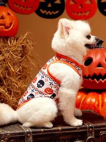 PETSIN 1pc Pet Cat & Dog Sleeveless Vest With Pumpkin & Skull Isle Print, Breathable & Lightweight, Apricot - Multicolor - View 5