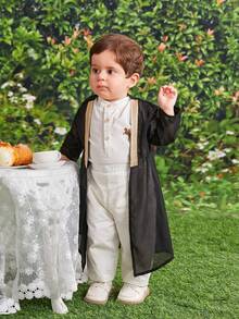 3pcs Baby Boy Summer Casual Elegant Black Mid-Length Robe, Including White Collared Short Sleeve Shirt And White Casual Pants 3-Piece Set, Suitable For Birthday Party, Evening Event, Performance, Wedding, Baby Shower, Christening And 1st Birthday Celebration