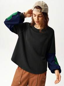 Bohemela Women's Solid Color Block Crew Neck Long Sleeve Floral Decor Sweatshirt, Casual Wear Fall Topspull Oversizeblouse Green Oversized Tops Aesthetic Tops Sleeve Top Oversized Graphic Tees Women Long Sleeve Tops, - Multicolor - View 3