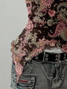 SHEIN EZwear 女式休闲复古褶皱胸围不对称下摆露背吊带背心，适合夏季、Y2K、复古、佩斯利印花 - 彩色 - 查看 4