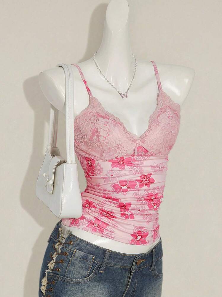 Sweetina Women's Y2K Summer Women Going Out Elegant Floral Print Contrast Easter Top, Everyday Wear Lace Camisole - Pink - View 6