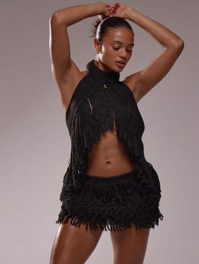 MUSERA Fringe Knit Micro Mini Skirt Low Rise Summer Sexy Festival Holiday Ibiza Rave Boho Vacation Escapade Chic Spring