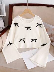 SHEIN Tween Girl Casual Fashion Cute Sweet V-Neck Loose Knit Cropped Sweatshirt With Bow Decor,In Fall/Winter