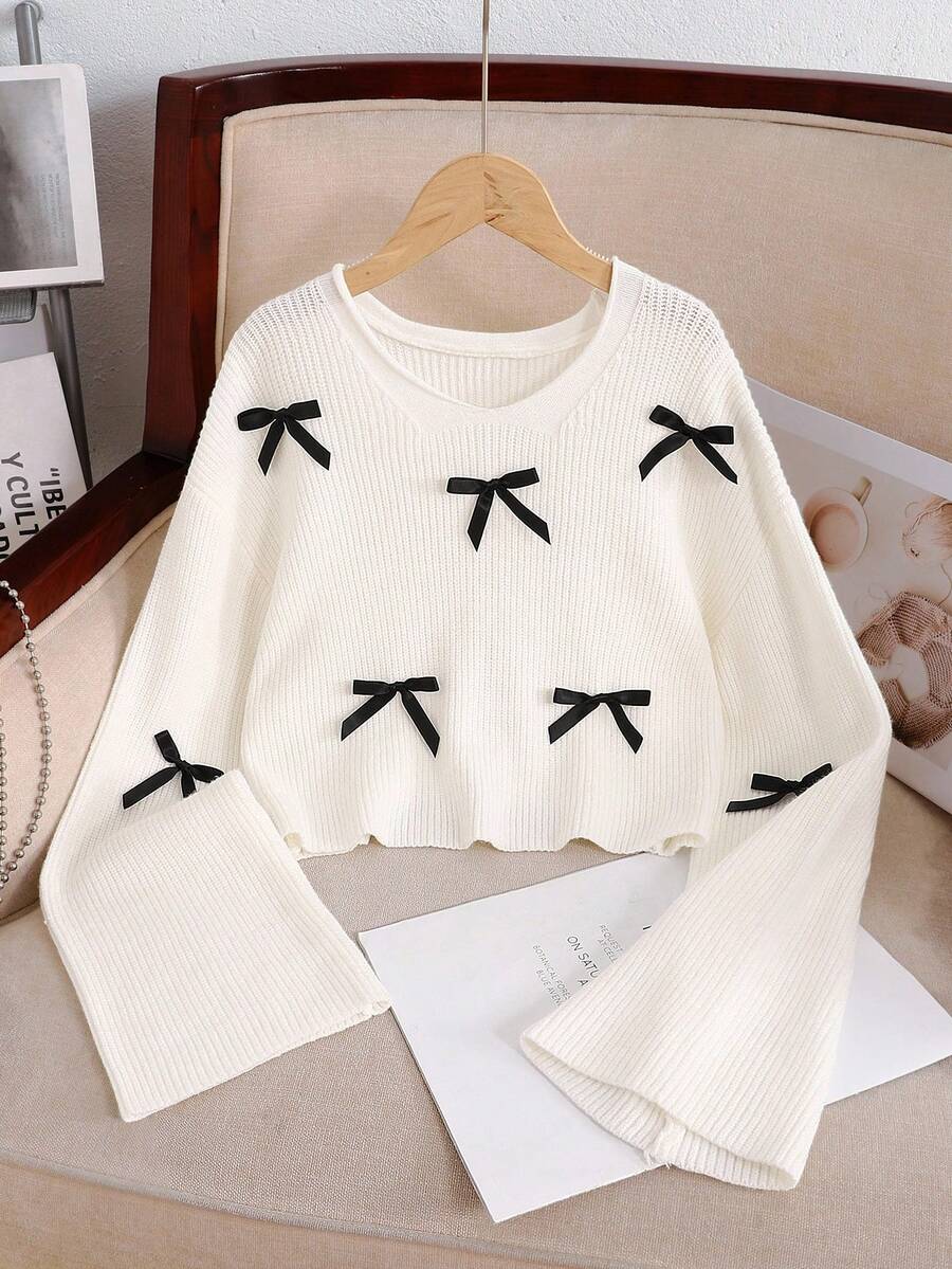 SHEIN Tween Girl Casual Fashion Cute Sweet V-Neck Loose Knit Cropped Sweatshirt With Bow Decor,In Fall/Winter